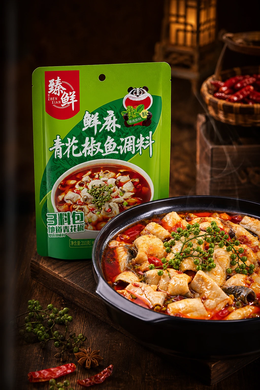 臻鲜鲜麻青花椒鱼调料与青花椒鱼场景 Green Pepper Fish Seasoning