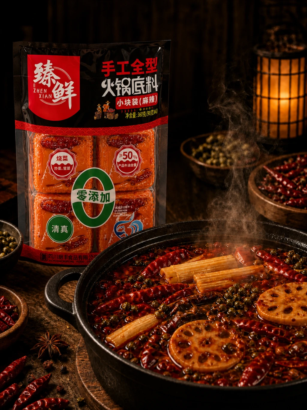 臻鲜手工小块装火锅底料与麻辣火锅场景 Mini-Cube Hotpot Base