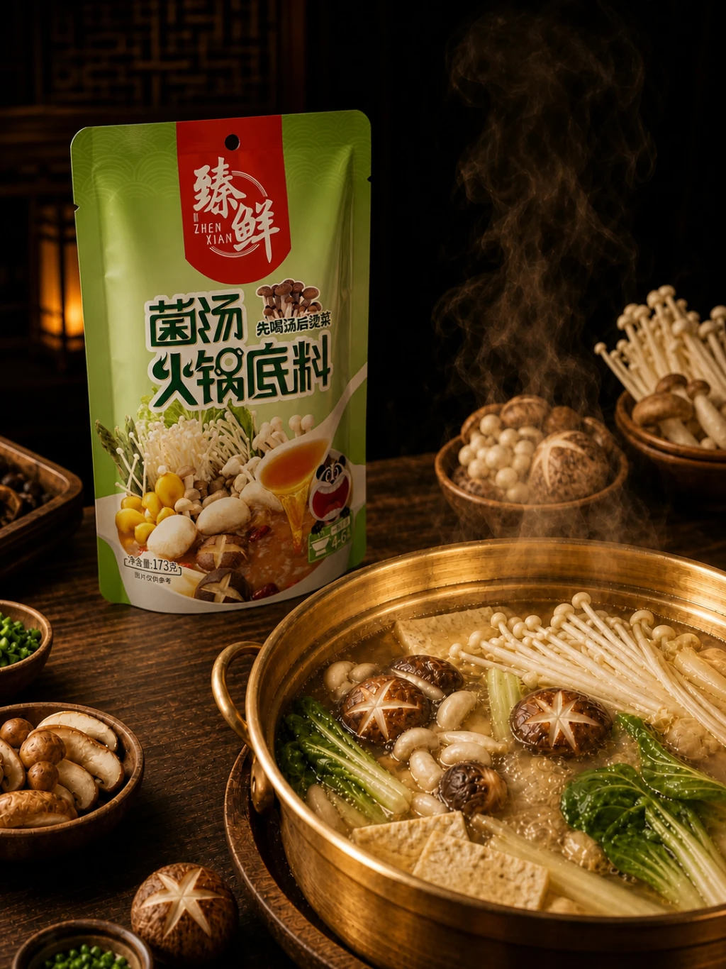 臻鲜菌汤火锅底料与菌汤火锅场景 Mushroom Hotpot Base