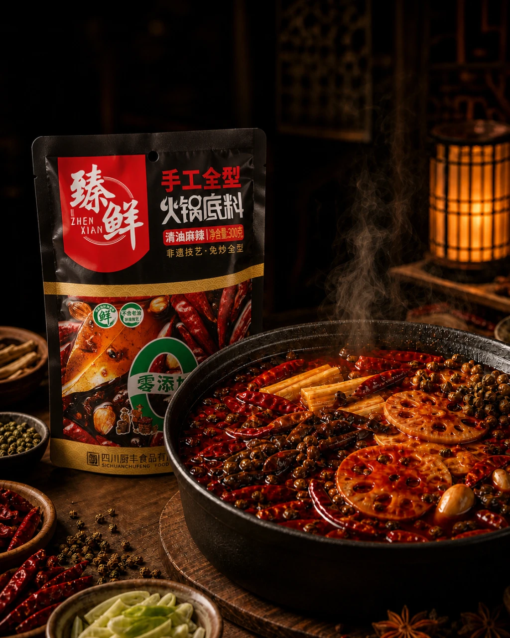 臻鲜清油麻辣火锅底料与麻辣火锅场景 Vegetable Oil Mala Hotpot Base