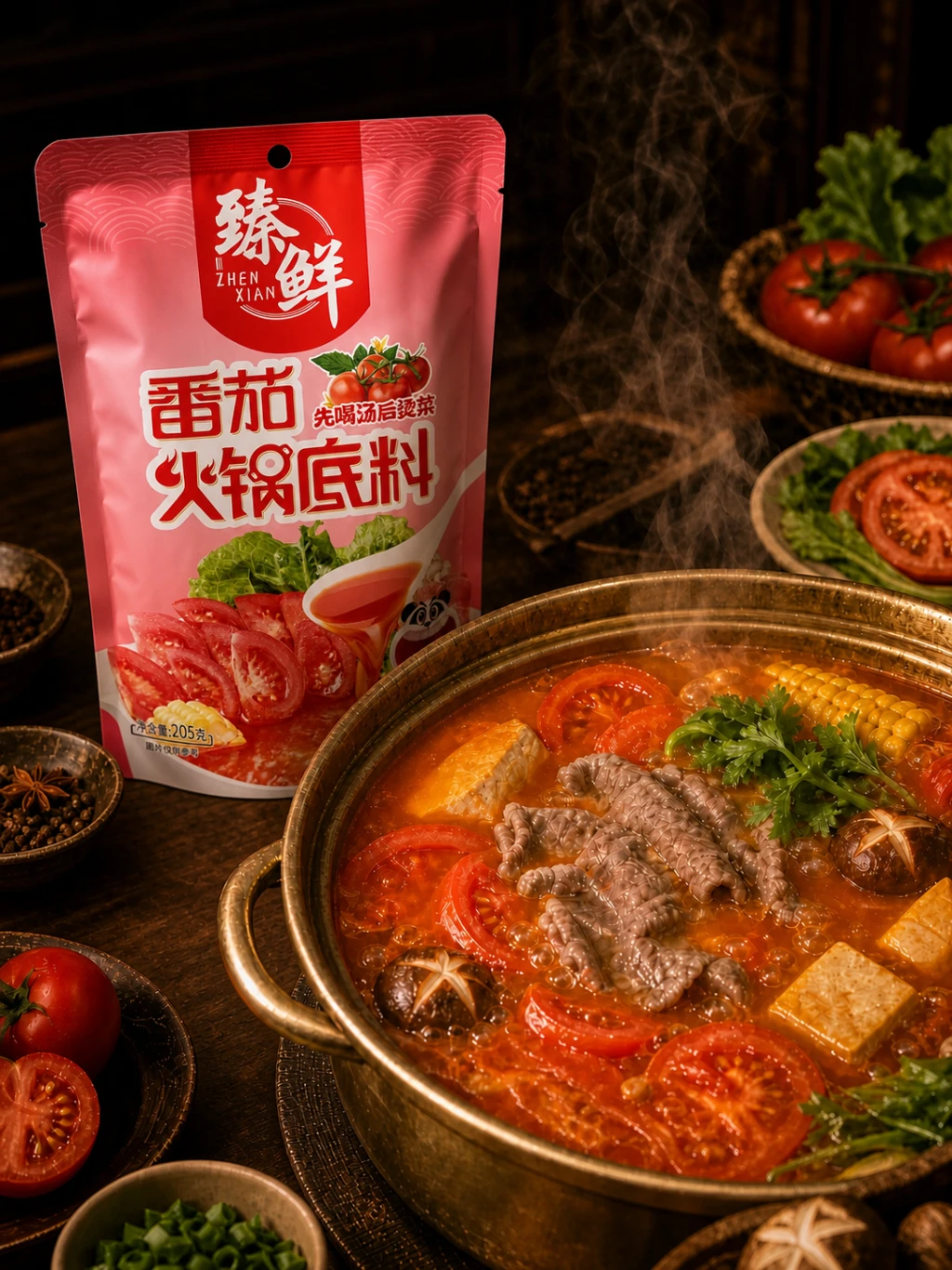 臻鲜番茄火锅底料与番茄火锅场景 Tomato Hotpot Base