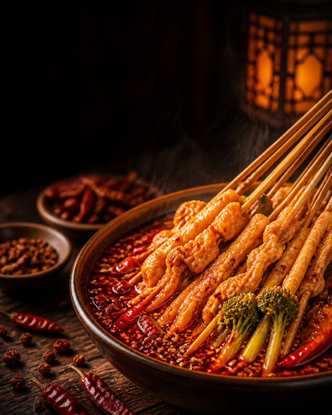 Bobo chicken skewers in Sichuan chili oil
