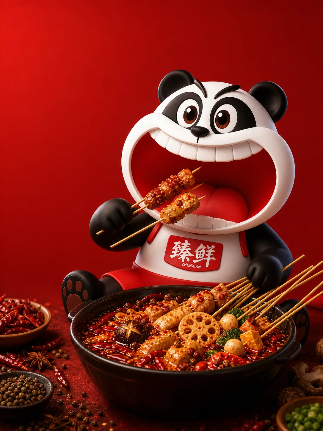 Big-mouth panda mascot eating bobo chicken hotpot